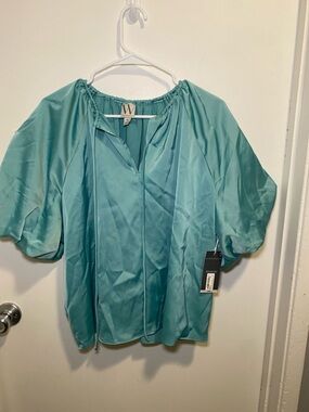 W by Worth Aqua Teal Peasant Blouse with Tie Neck
